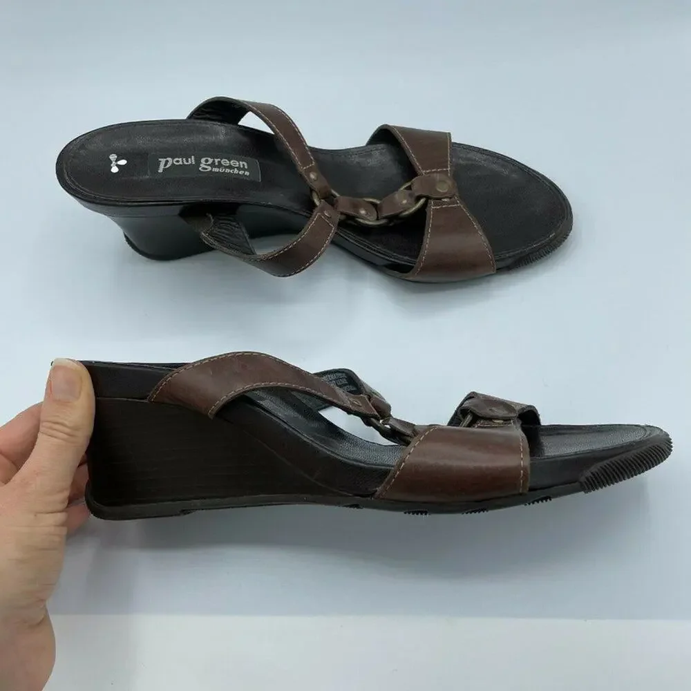 Paul Green Brown Open Toe Wedge Heel Leather 6.5 Y2K